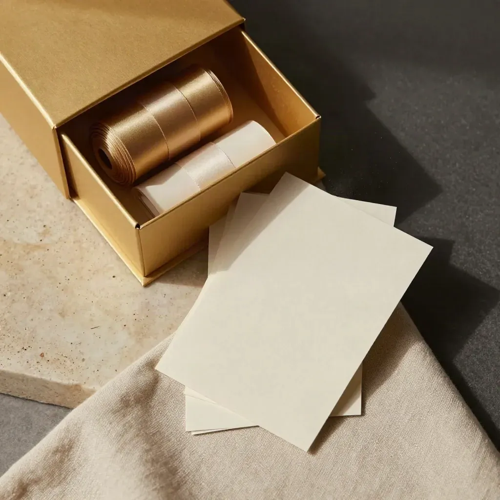 Gold packaging set with boxes, ribbon rolls and blank cards on folded cloth.