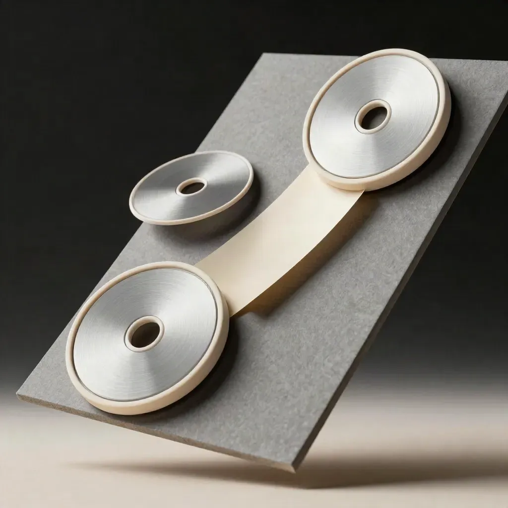 Floating matte board, two icon discs, and a foil strip in powder haze.