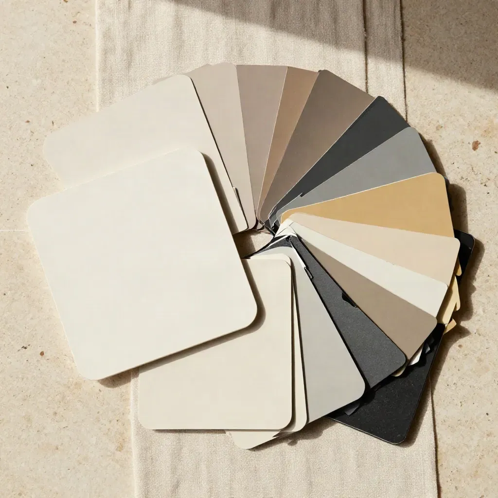 Overhead flatlay of square cards, swatches, and a slim binder on linen and travertine.