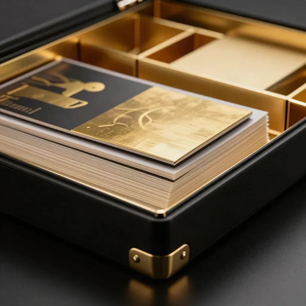 Opened black launch kit case with gold trays, packaging samples, and proof boards in dramatic studio light.