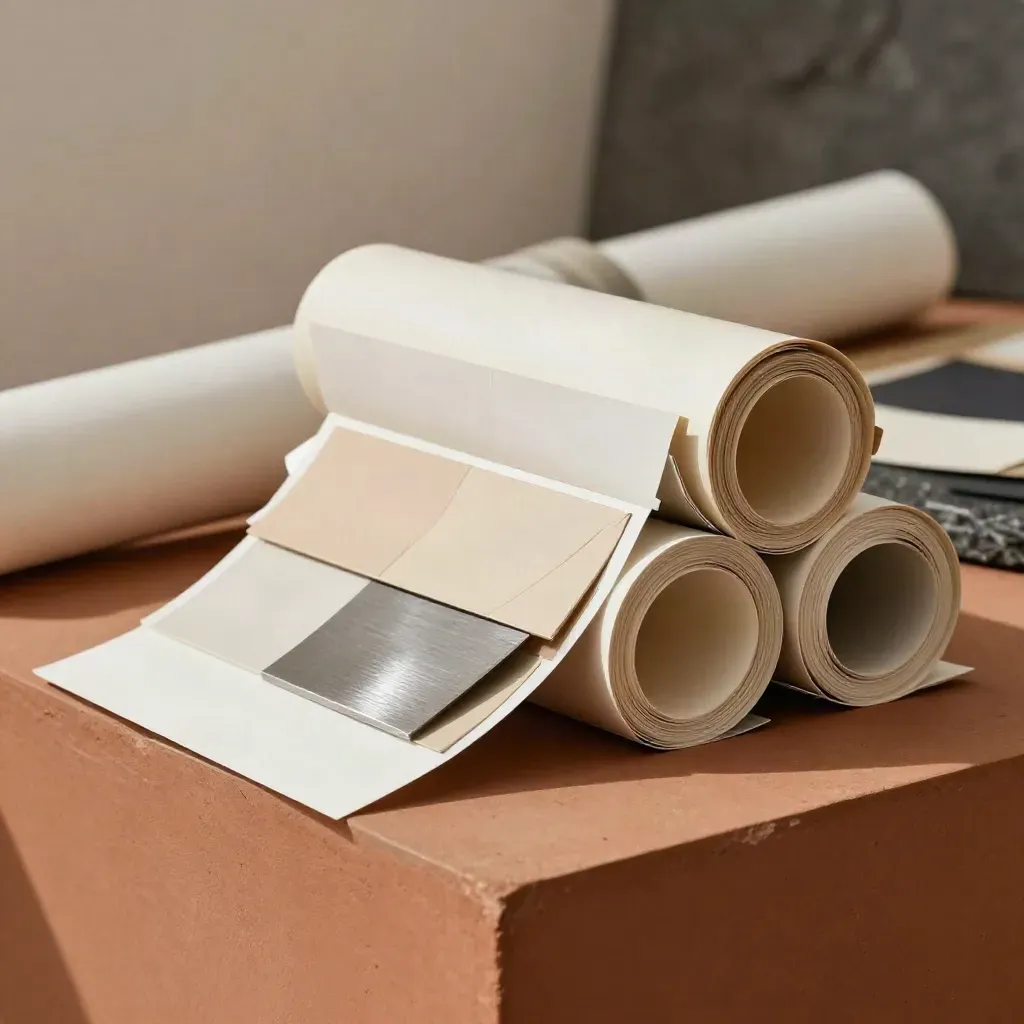 Rolled pattern sheets, swatches, and a foil tile on terracotta plaster in soft studio light.