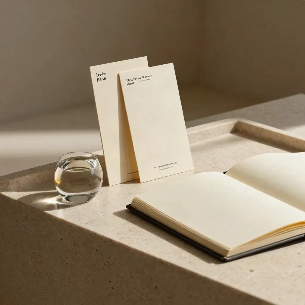 Ivory naming session cards with glass paperweight and sketch pad on travertine