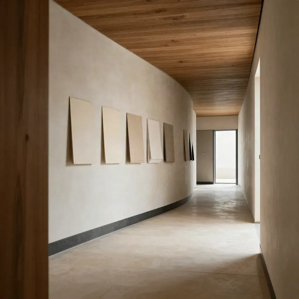Oak-lined luxury corridor with curved plaster wall, warm doorway glow and copy space